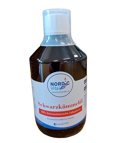 Schwarzkümmelöl 500 ml für Hunde und Pferde – Kaltgepresstes Öl aus Schwarzkümmel, optimal zum Barfen – Einzelfuttermittel aus eigener Pressung - inkl. 30ml Dosierkappe von NordicVital