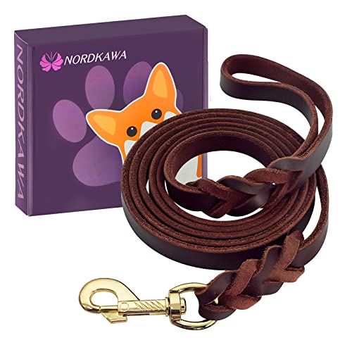 Hundeleine aus Leder, geflochtene Lederleine für Hunde, robuste Hundeleine – mit Leckerli-Trainingstasche, echtes Rindsleder, mittelgroße und kleine Hunde (braun, 1.8 mx1.27 cm-B) von Nordkawa