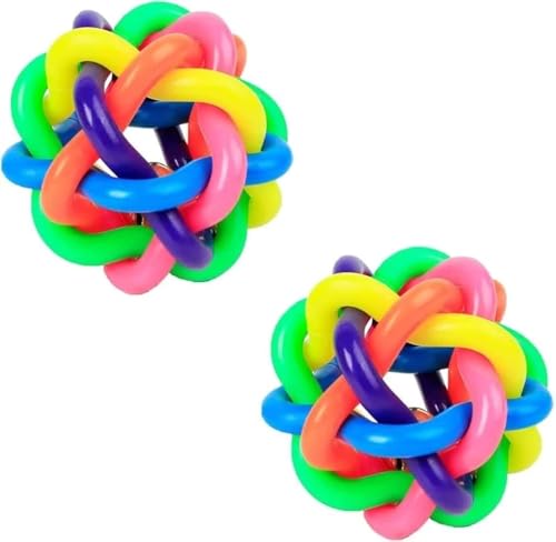 Norhogo 2 Stücke Geflochtener Gummiball Kauen Spielzeug Bunte Gummibälle für Hunde und Katzen, mit Glock, Gummi Woven Ball Knot Ball Kauspielzeug für die ZahnreinigungDurabl von Norhogo