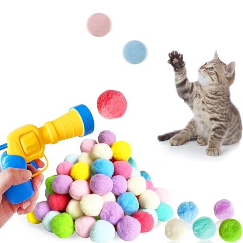 Norhogo 50 Stück Katzenspielzeug Bälle mit Katzenspielzeug-Werfer, Interaktives Spielzeug Lustige Katzenspielzeuge für Katzen und Kätzchen, Spielzeug für Indoor Haustier Katzen Hunde, Zufällige Farbe von Norhogo