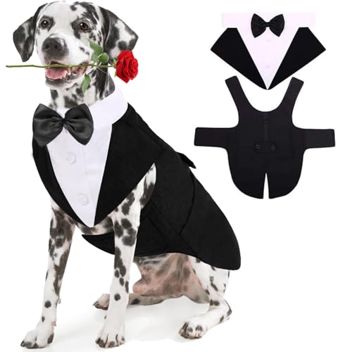 Norhogo Anzug und Bandana Set für Hunde, Formaler Smoking für Haustiere Formales Hochzeitshemd mit abnehmbarem Papillon für kleine mittlere große Hunde (Schwarz, XXL) von Norhogo