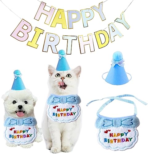 Norhogo Haustier Katze Hund Happy Birthday Lätzchen und Party Hut, Hundepartyhut, Hund, Alles Gute zum Geburtstag, Lätzchen, Haustier-Geburtstagsfeier, Dekorationsset (blau) von Norhogo