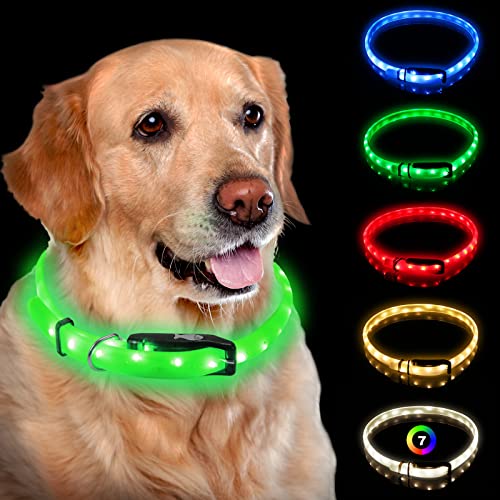 NOVKIN Beleuchtetes Hundehalsband, wiederaufladbar, 7 Farben, wechselnde Leuchte, wasserdichtes LED-Hundehalsband, leuchtet im Dunkeln, Macht das Haustier sichtbar, grün, S/M von Novkin