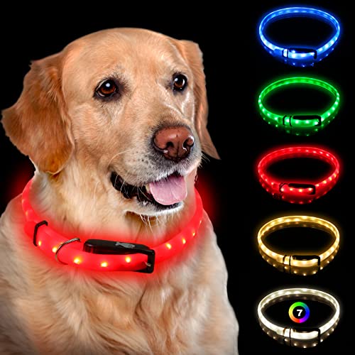 NOVKIN Beleuchtetes Hundehalsband, wiederaufladbar, 7 Farben, wechselnde Leuchte, wasserdichtes LED-Hundehalsband, leuchtet im Dunkeln, Macht das Haustier sichtbar, rot, L/XL von Novkin