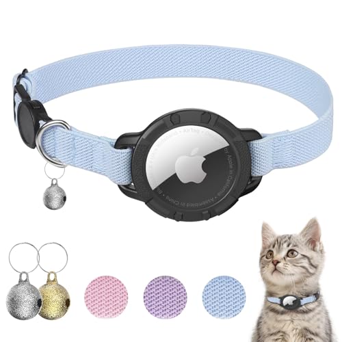 AirTag Katzenhalsband, dehnbares Kätzchenhalsband mit Apple Air-Tag-Halter und Glocke, Breakaway-Design, ultraelastisches GPS-Tracking-Katzenhalsband für Katzen und Welpen (19,1 cm - 31,8 cm, Blau) von NozlaID