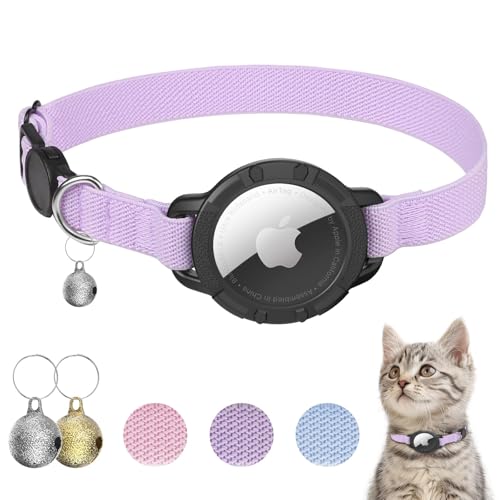 AirTag Katzenhalsband, dehnbares Kätzchenhalsband mit Apple Air-Tag-Halter und Glocke, Breakaway-Design, ultraelastisches GPS-Tracking-Katzenhalsband für Katzen und Welpen (19,1 cm - 31,8 cm, Lila) von NozlaID