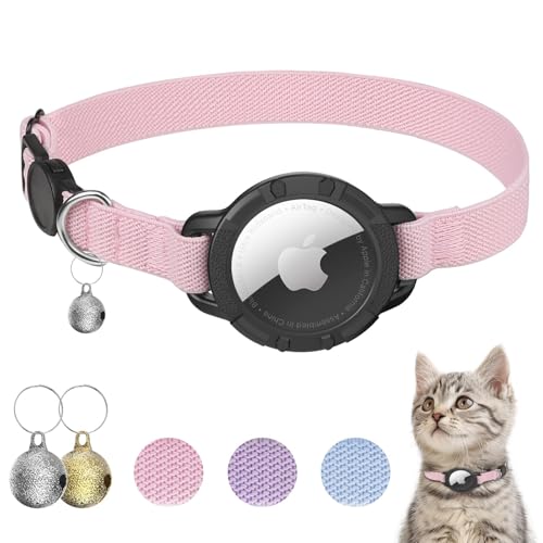 AirTag Katzenhalsband, dehnbares Kätzchenhalsband mit Apple Air-Tag-Halter und Glocke, Breakaway-Design, ultraelastisches GPS-Tracking-Katzenhalsband für Katzen und Welpen (19,1 cm - 31,8 cm, Rosa) von NozlaID