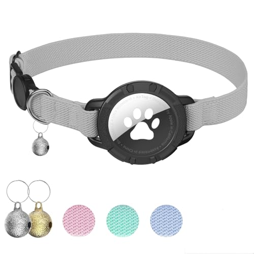 AirTag Katzenhalsband, dehnbares Kätzchenhalsband mit Apple Air Tag-Halter und Glocke, Breakaway-Design, ultraelastisches GPS-Tracking-Katzenhalsband für Katzen und Welpen (Grau) von NozlaID