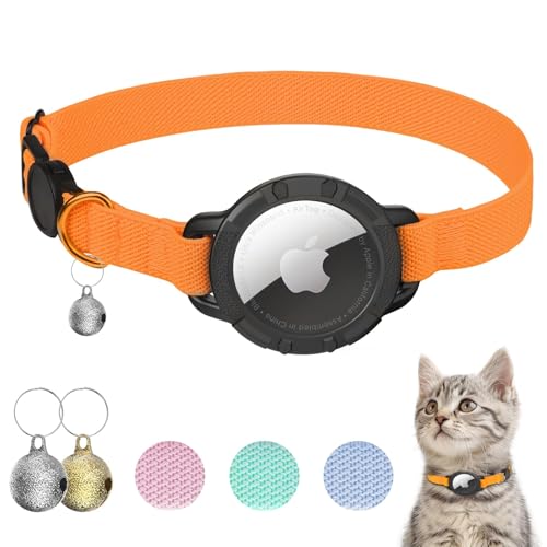 AirTag Katzenhalsband, dehnbares Kätzchenhalsband mit Apple Air Tag-Halter und Glocke, Breakaway-Design, ultraelastisches GPS-Tracking-Katzenhalsband für Katzen und Welpen (Orange) von NozlaID
