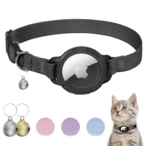 AirTag Katzenhalsband, dehnbares Kätzchenhalsband mit Apple Air Tag-Halter und Glocke, Breakaway-Design, ultraelastisches GPS-Tracking-Katzenhalsband für Katzen und Welpen (Schwarz) von NozlaID