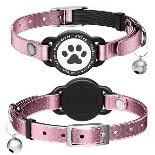 Leder AirTag Katzenhalsband, Wasserdichtes Katzenhalsband mit Apple Air Tag Halter, Metallschnalle Bequemes, Katzen Halsband mit Glocke für Mädchen, Jungen, Katzen von NozlaID