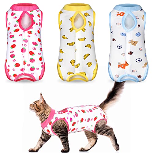 3 Stück Katzen-Genesungsanzug, Kätzchen, Genesungsanzug, E-Halsband, Alternative für Katzen und Hunde, Bauchhaut, Anti-Lecken Pyjama-Anzug (Erdbeermuster, Medium) von Nuanchu