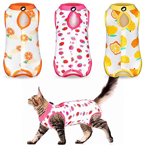 3 Stück Katzen-Genesungsanzug Kätzchen, Genesungsanzug, E-Halsband, Alternative für Katzen und Hunde, Bauchhaut, Anti-Lecken Pyjamaanzug (Obstmuster, Medium) von Nuanchu