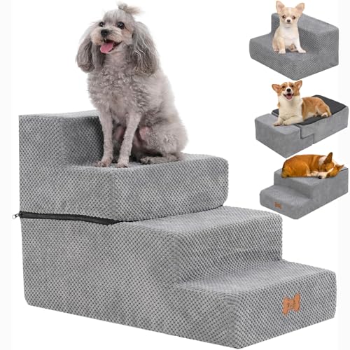 Hundetreppe für Bett und Sofa, 4 Stufen, hohe Dichte, rutschfeste Schaumstoff-Haustiertreppe, tragbare Haustierrampe Leiter für kleine Hunde, Katzen, mit abnehmbarem und waschbarem Plüschbezug für von Nukdey