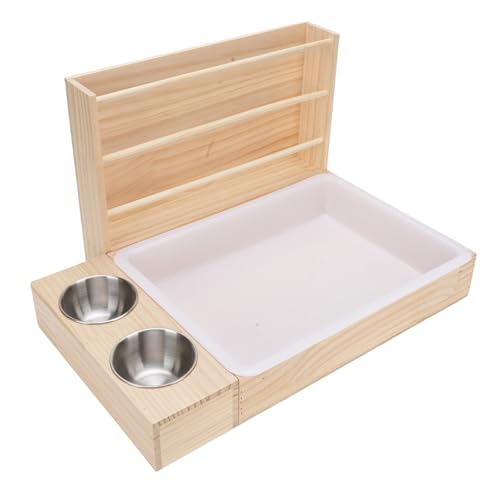 Nurnesy 3 in 1 Hölzerne Heuheiz für Meerschweinchen Kaninchen Kleine Haustiere mit Katzentoilchbox und 2 Schalen Anti -Tipps mit Großer Kapazität Grasnahrung Rack von Nurnesy