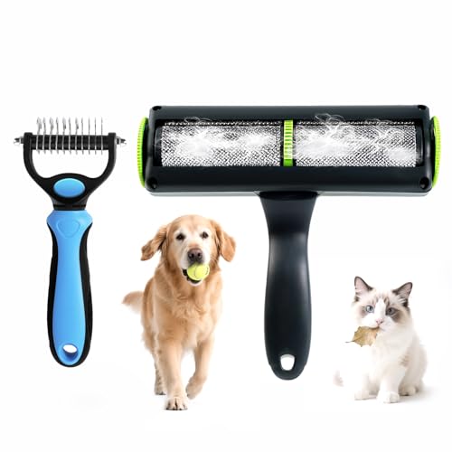 Haustierpflegeset, Haustierhaarentferner Roller und doppelseitiger Unterwollrechen für Hunde und Katzen, Fusselrolle für Tierhaare, Enthaarungsbürste und Entfilzungswerkzeug von Nurscare