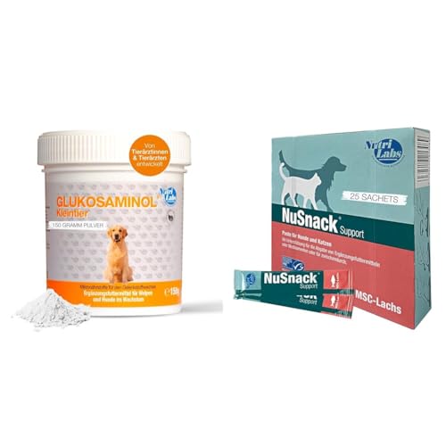 Unser Vorteilspack: NutriLabs Glukosaminol® Kleintier Gelenkpulver für Hunde-Welpen 150 g & NuSnack Schleckpaste als Leckerlie oder zur Medikamentengabe von NutriLabs