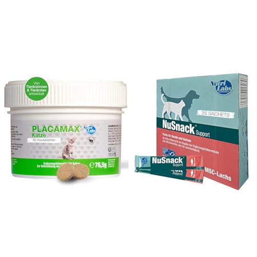 Unser Vorteilspack: Placamax® Katzen-Tabletten 90 STK & Nutrilabs NuSnack Schleckpaste als Leckerlie oder zur Medikamentengabe von NutriLabs