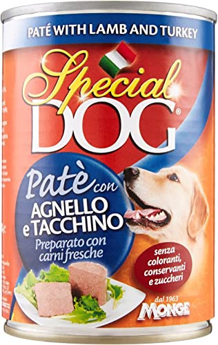 24 Dosen Special Dog Monge 400 g Pastete Verschiedene Geschmacksrichtungen mit 1 kg Fütterungsreis Vakuum gratis (Lamm und Truthahn) von Nutripet