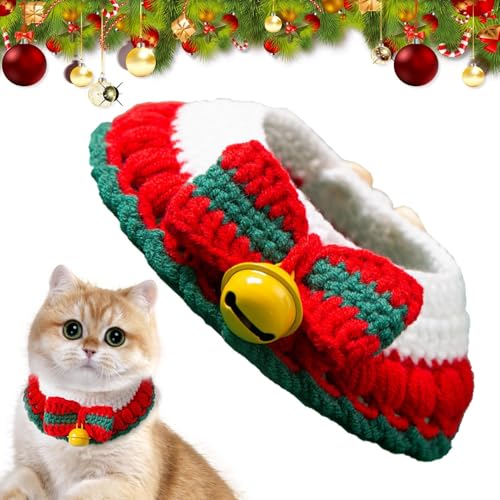 Weihnachtskatzenzubehör, Haustierhalsband mit Glocke, gestricktes Katzenhalsband, handgefertigte Katzenhalsbänder, weiche Baumwoll-Katzenhalsband, Weihnachts-Haustier-Outfit, von Nuyhgtr