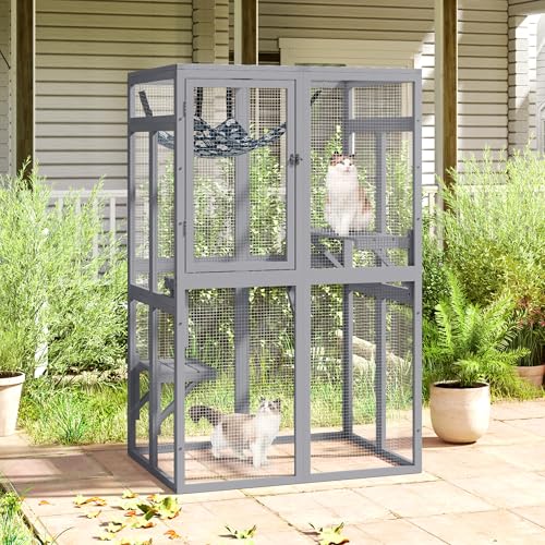 Catio Outdoor Katzengehege aus Holz Catio mit Fensterzugang für Terrasse, Indooe Kitty House (Grau) von Nyeekoy