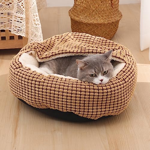 Nyescasa Hundebett Katzenbett mit Kapuze Hundematte Katzenschlafplatz Hundesofa Katzensofa Hundekörbchen Katzenkissen Hundekissen Runde Waschbar Rutschfest für Kleine Hunde Katzen Braun 40*40*22cm von Nyescasa