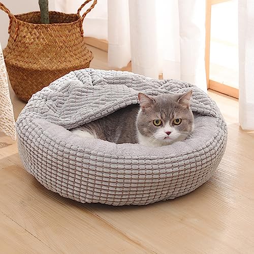 Nyescasa Hundebett Katzenbett mit Kapuze Hundematte Katzenschlafplatz Hundesofa Katzensofa Hundekörbchen Katzenkissen Hundekissen Runde Waschbar rutschfest für Kleine Hunde Katzen Grau 50 * 50 * 22cm von Nyescasa