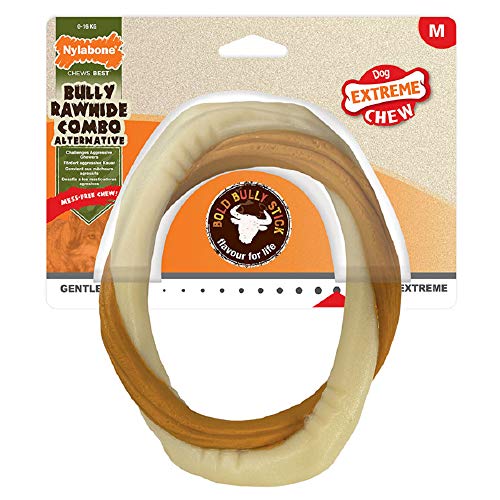 Nylabone Extrem robustes Kauspielzeug für Hunde, Bully Stick Ring, Rindfleischgeschmack, schmutzfrei, Größe M, für Hunde bis 16 kg – M von Nylabone