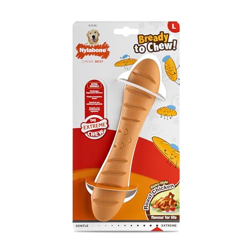 Nylabone, Extrem starker Kaueffekt, Neuartiges Baguette-Kauspielzeug, Langlebig, Kauspielzeug für die Zähne, Geschmack: Brathähnchen, Groß, Für Hunde bis 23 kg Nylabone, Extrem starker Kaueffekt, Neuartiges Baguette-Kauspielzeug, Langlebig, Kauspielzeug für die Zähne, Geschmack: Brathähnchen, Groß, Für Hunde bis 23 kg von Nylabone