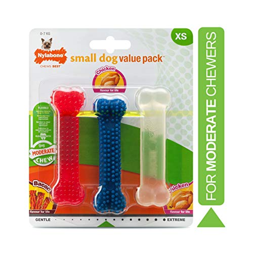 Nylabone, Mässiger Kauknochen für Hunde, Flexibler Kauknochen, Geschmacksrichtungen Huhn und Speck, extra klein, geeignet für Hunde bis zu 7 kg, 3er Pack Nylabone, Mässiger Kauknochen für Hunde, Flexibler Kauknochen, Geschmacksrichtungen Huhn und Speck, extra klein, geeignet für Hunde bis zu 7 kg, 3er Pack von Nylabone