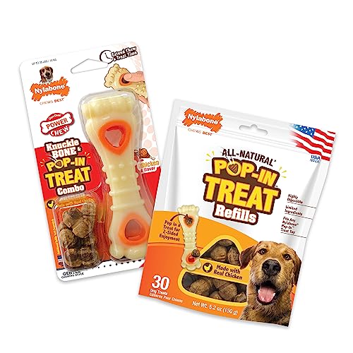 Nylabone Power Chew Knuckle Bone Pop-In Leckerli-Spielzeug mit Nachfüllungen, Leckerli-Spender Beutel Spielzeug für Hunde, Huhngeschmack, Medium – bis zu 15,9 kg, 2 Stück von Nylabone