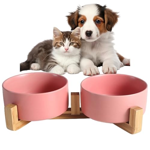 Keramikhundschalen, 395 ml Hundefutter und Wasserschüssel mit einem Schlitten-Holzständer, vergleichbarer Schüssel, Wide Mund Pet Bowl für Katzen und Hunde Keramikschalen von Nyutcwe