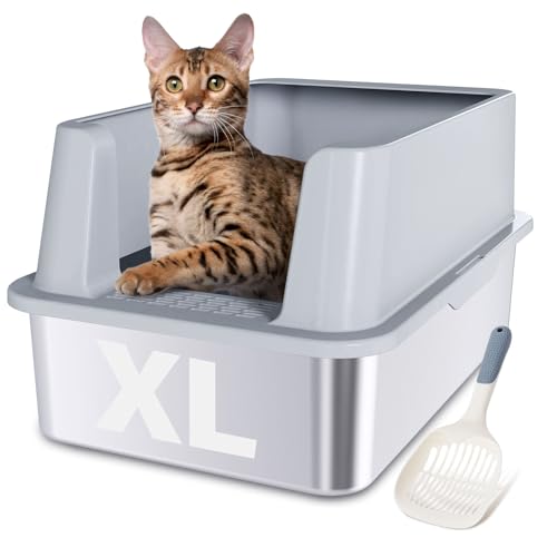 Nyutu Katzentoilette aus Edelstahl, extra groß, hohe Seiten, Metall, mit Deckel und Schaufel, leicht zu reinigen, antihaftbeschichtet und geruchlos, 61 x 40,6 x 30,5 cm von Nyutu