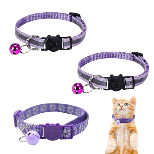 3 Stück lila Katzenglockenhalsband, Katzenhalsband, verstellbares Haustierkatzenhalsband, Katzenhalsband mit Glocke, nachtreflektierendes Haustierhalsband, Schnallenhalsband von NyxSeat