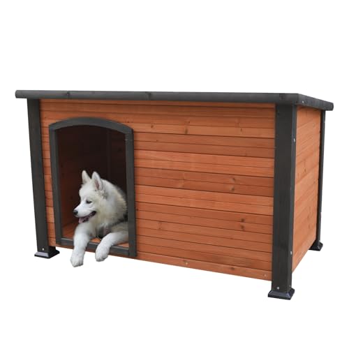 Wetterfeste Hundehütte aus Holz, Outdoor Hundehaus mit Grauer Umrandung, Naturholz Design von OAFNLWU