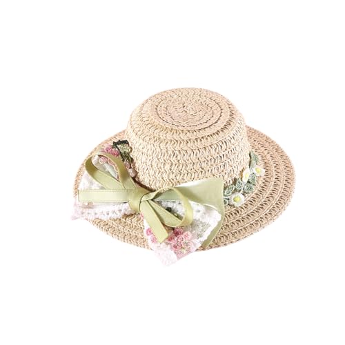 Haustierstrohhut Outdoor Sunbonnet Liefert Spitze Welpe Strohhut Mit Ribbon Bow Blumhut von OAJABBGE