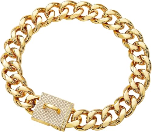 19 mm Dickes, Robustes Hundehalsband aus kubanischer Kette, luxuriöses Trainingshalsband aus goldfarbenem Edelstahl mit Zirkonia-Verschluss, Halskette for mittelgroße und große Hunde(16inch/41cm) von OAOAO