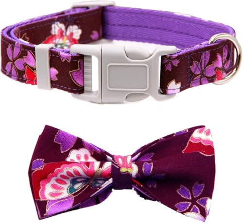 Florales Hundehalsband mit Abnehmbarer Fliege, bequemes personalisiertes Welpenhalsband for kleine und mittelgroße Hunde, süßes Haustiergeschenk for Jungen und Mädchen(Purple Set,L) von OAOAO