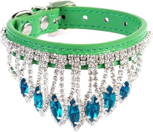 Glänzendes Diamant-Hundehalsband mit Strasskristallen, verstellbares Bling-Halsband aus PU-Leder, weiche Haustier-Halsdekoration for kleine und mittelgroße Hunde und Katzen(Green,XS) von OAOAO