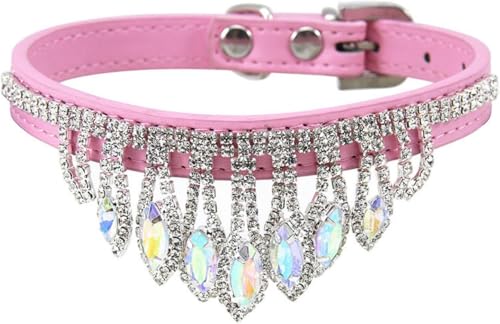Glänzendes Diamant-Hundehalsband mit Strasskristallen, verstellbares Bling-Halsband aus PU-Leder, weiche Haustier-Halsdekoration for kleine und mittelgroße Hunde und Katzen(Pink,S) von OAOAO