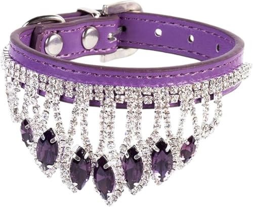 Glänzendes Diamant-Hundehalsband mit Strasskristallen, verstellbares Bling-Halsband aus PU-Leder, weiche Haustier-Halsdekoration for kleine und mittelgroße Hunde und Katzen(Purple,M) von OAOAO