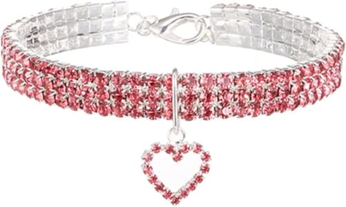 Hundehalsband mit glitzernden Strasssteinen und Herzkristallen, verstellbares, ausgefallenes Haustierhalsband for kleine, mittelgroße und große Hunde und Katzen(Pink,M) von OAOAO