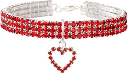 Hundehalsband mit glitzernden Strasssteinen und Herzkristallen, verstellbares, ausgefallenes Haustierhalsband for kleine, mittelgroße und große Hunde und Katzen(Red,L) von OAOAO