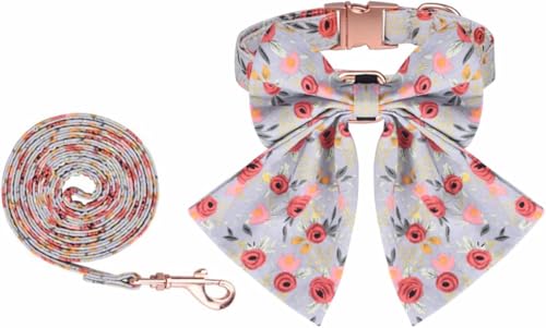 Hundehalsband und Leine Set mit Blumendruck und Schleife, bequemes personalisiertes Haustierhalsband, for kleine mittelgroße Hunde und Welpen(Green,L) von OAOAO