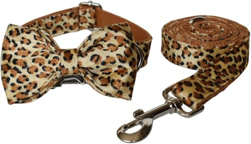 Leoparden-Hundehalsband mit Abnehmbarer Schleife, verstellbares Sommerhalsband for kleine, mittelgroße und große Hunde, personalisiertes Metallschnallen-Design(M) von OAOAO