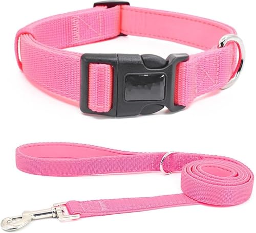 Robustes taktisches Hundehalsband und Leinen-Set, Militärisches Trainingshalsband for kleine, mittelgroße und große Hunde, bequemes personalisiertes Nylonhalsband(Pink Set,M) von OAOAO