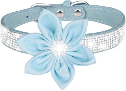 Süßes Hundehalsband mit Strasssteinen und weichem Blumendesign, reflektierendes personalisiertes Haustierhalsband for kleine, mittelgroße und große Hunde(Light Blue,XS) von OAOAO