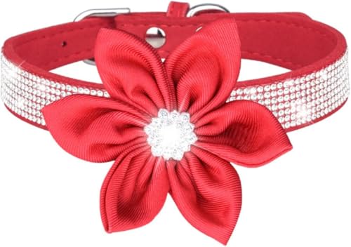 Süßes Hundehalsband mit Strasssteinen und weichem Blumendesign, reflektierendes personalisiertes Haustierhalsband for kleine, mittelgroße und große Hunde(Red,L) von OAOAO