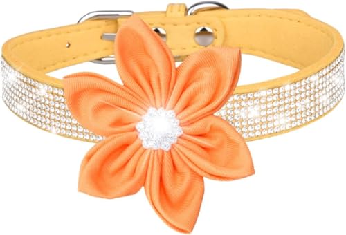 Süßes Hundehalsband mit Strasssteinen und weichem Blumendesign, reflektierendes personalisiertes Haustierhalsband for kleine, mittelgroße und große Hunde(Yellow,L) von OAOAO
