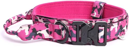 Taktisches Hundehalsband aus Nylon mit Griff, Robustes Halsband mit Metallschnalle for mittelgroße und große Hunde, leicht zu kontrollierendes Design(Camouflage Rose red,L) von OAOAO